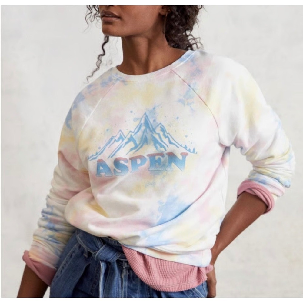 Anthropologie Back When Aspen Mountain Sweatshirt Blue Pink Tie Dye Small Ski‎